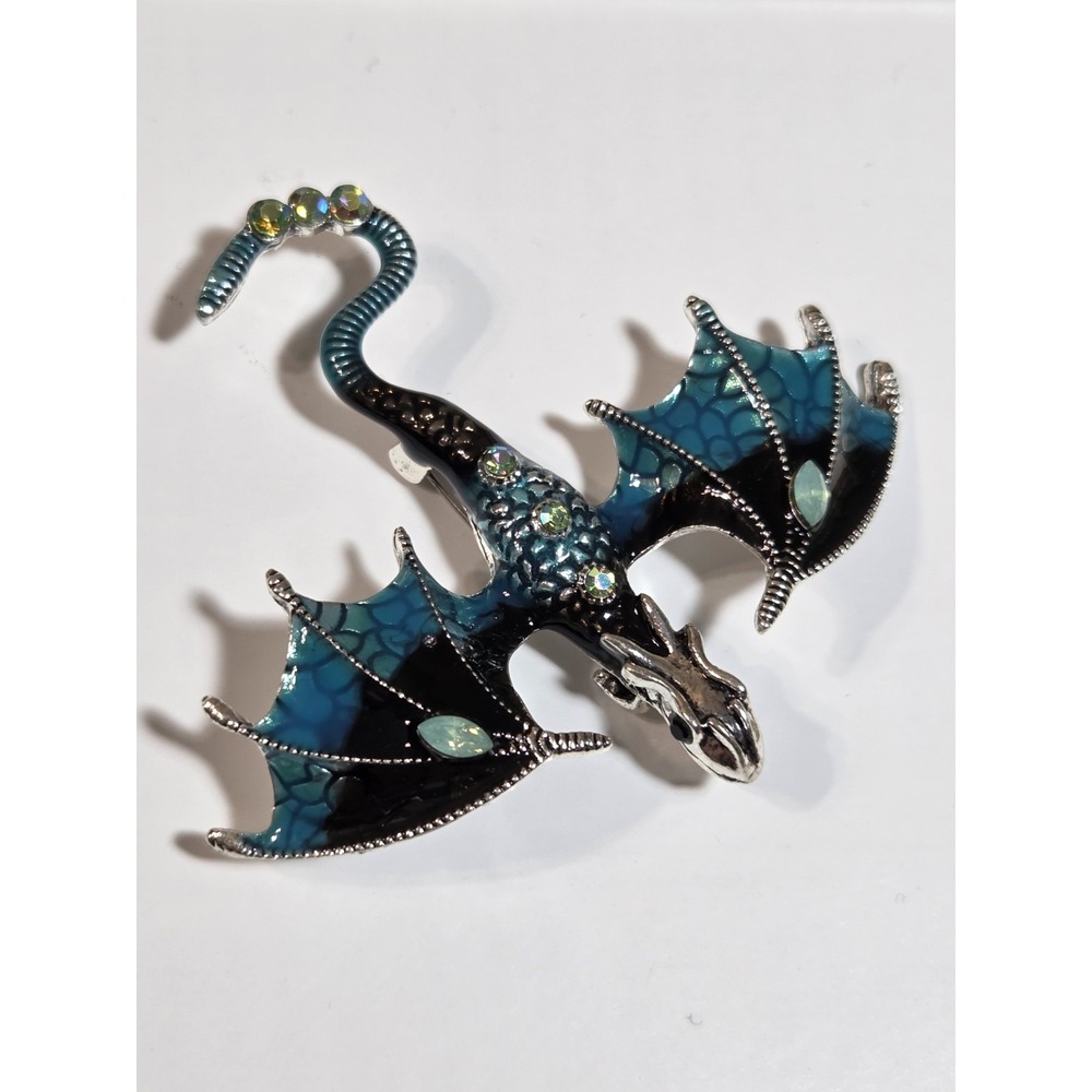 Teal Dragon Brooch Pendant W Gemstones Silver Tone